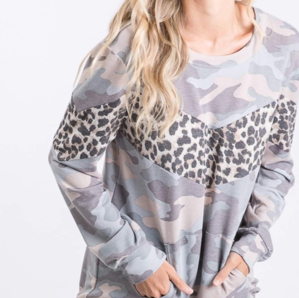 Camo and leopard print sweater